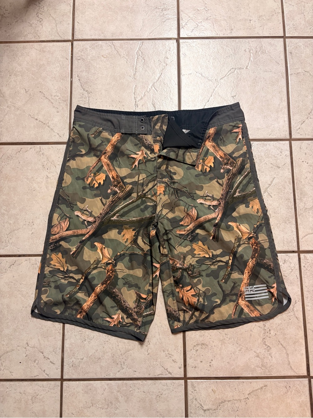 Camo Green Men's Swim Board Shorts with Leaf & Branch Print